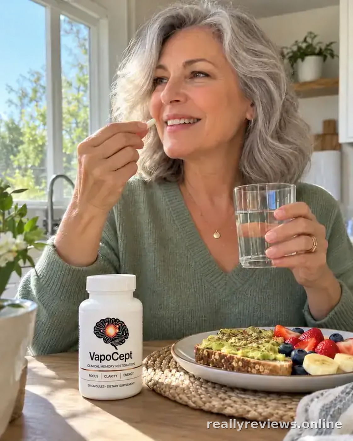 Woman taking a VapoCept capsule with breakfast